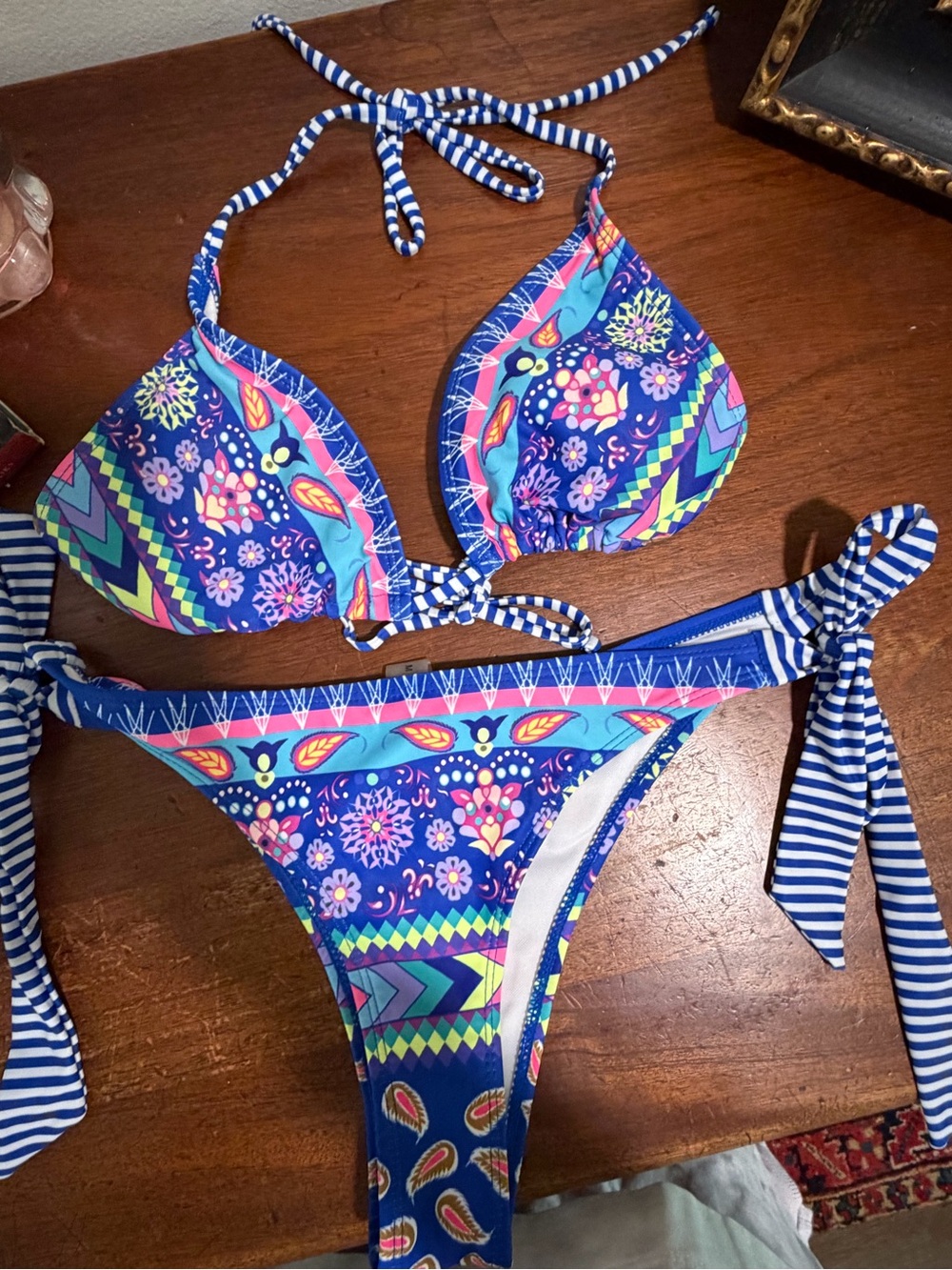 Women’s Blue Floral & Geo Print Tie-Side Bikini